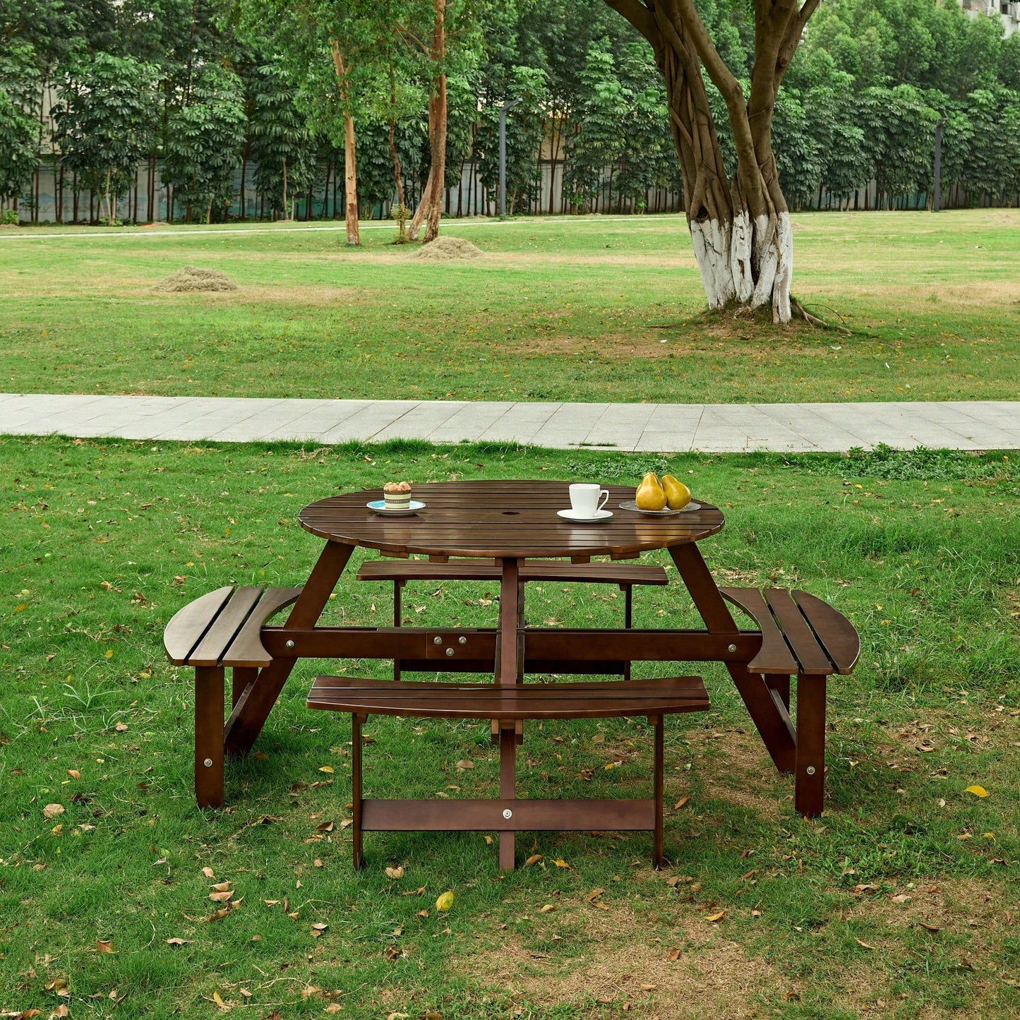 8 Person Round Outdoor Picnic Table With 4 Built-In Benches And Umbrella Hole For Garden Backyard Patio