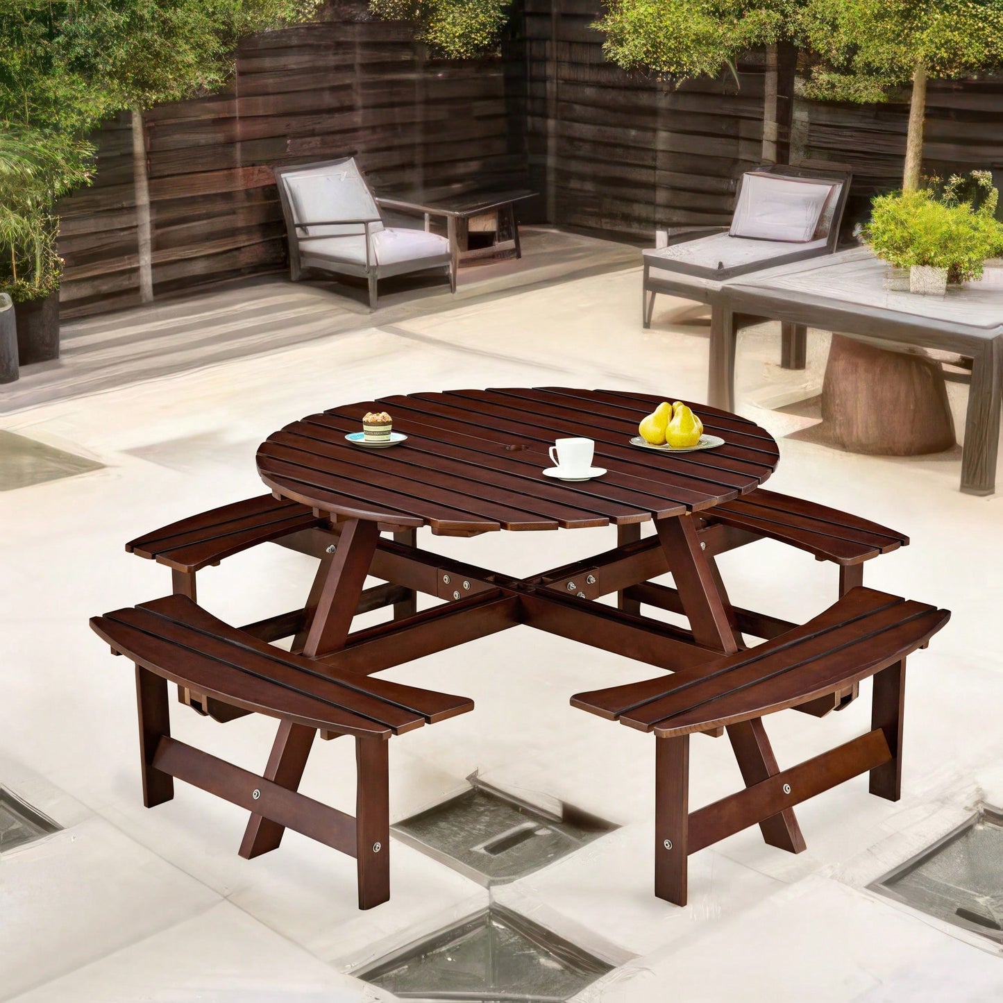 8 Person Round Outdoor Picnic Table With 4 Built-In Benches And Umbrella Hole For Garden Backyard Patio