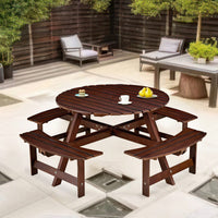 8 Person Round Outdoor Picnic Table With 4 Built-In Benches And Umbrella Hole For Garden Backyard Patio