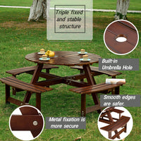 8 Person Round Outdoor Picnic Table With 4 Built-In Benches And Umbrella Hole For Garden Backyard Patio