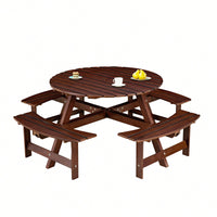 8 Person Round Outdoor Picnic Table With 4 Built-In Benches And Umbrella Hole For Garden Backyard Patio