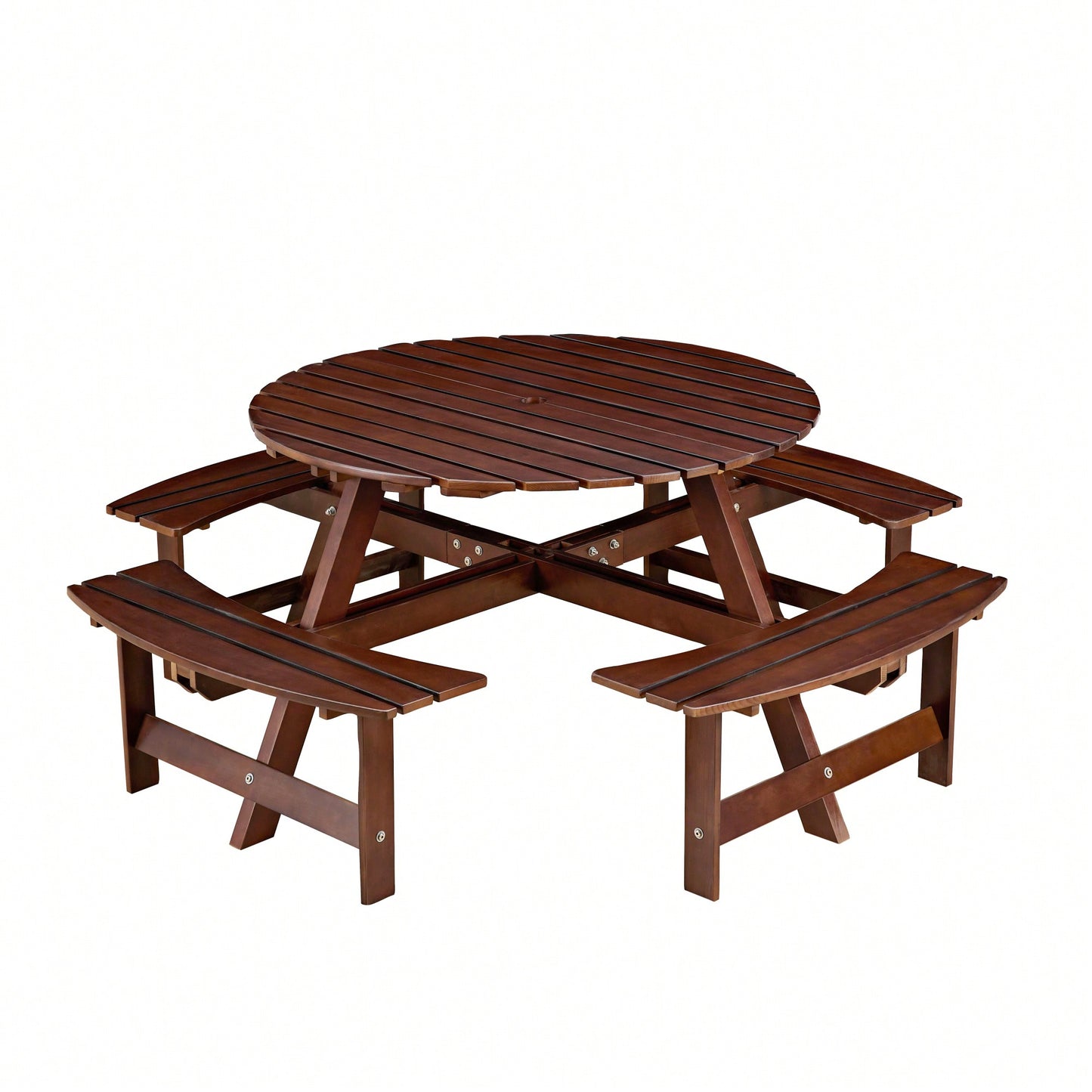 8 Person Round Outdoor Picnic Table With 4 Built-In Benches And Umbrella Hole For Garden Backyard Patio