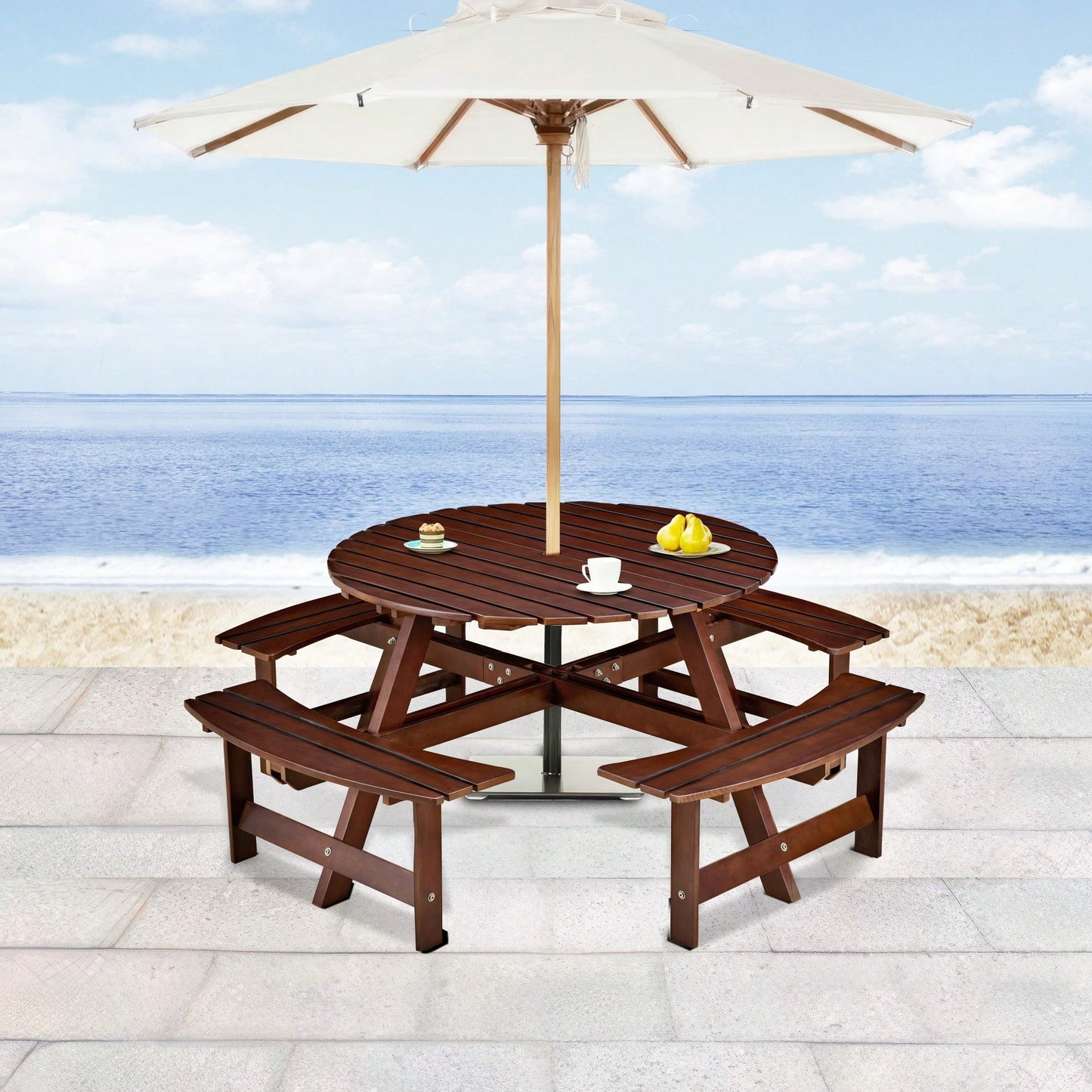 8 Person Round Outdoor Picnic Table With 4 Built-In Benches And Umbrella Hole For Garden Backyard Patio