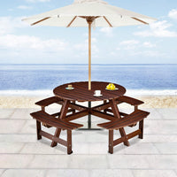 8 Person Round Outdoor Picnic Table With 4 Built-In Benches And Umbrella Hole For Garden Backyard Patio