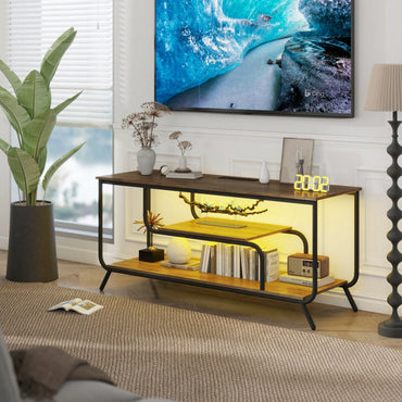 Modern Light Gray TV Stand with Power Outlets and LED Lights for TVs Up to 55 Inch Entertainment Center with Shelves for Living Room Bedroom