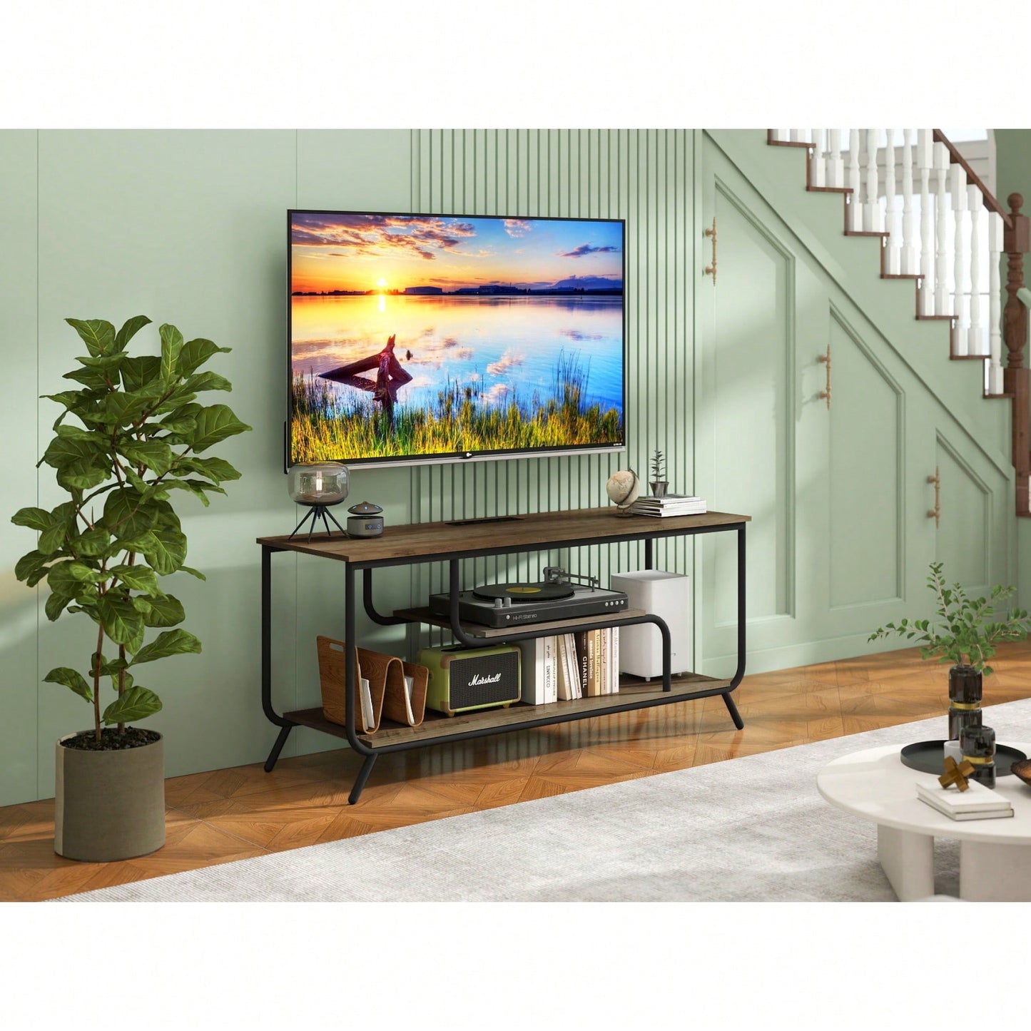 Modern Light Gray TV Stand with Power Outlets and LED Lights for TVs Up to 55 Inch Entertainment Center with Shelves for Living Room Bedroom