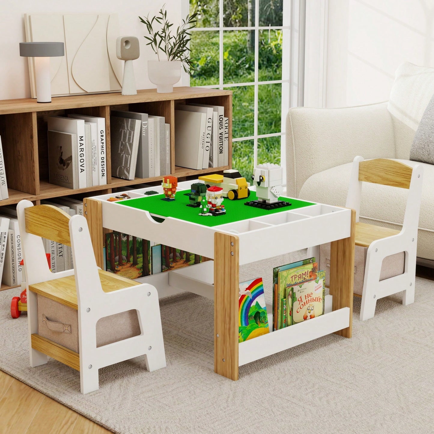 Kids Activity Table And Chair Set With Storage Compartments For Building Blocks And Learning Games