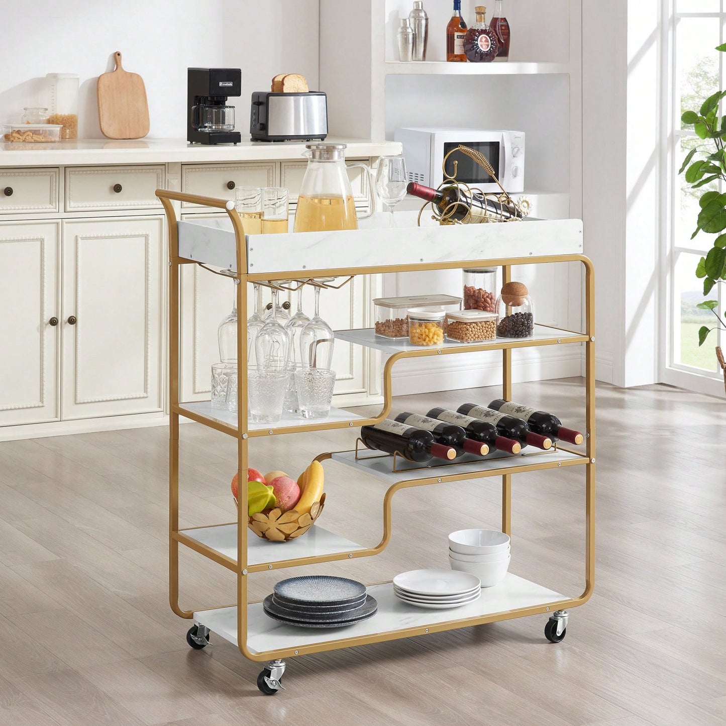 6-Tier Retro Style Bar Cart With Wine Rack And Glass Holder, Rolling Beverage Trolley For Kitchen And Living Room