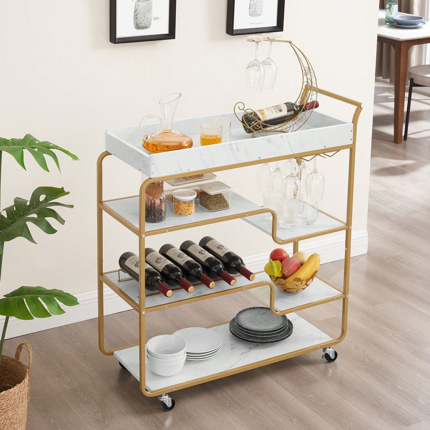 6-Tier Retro Style Bar Cart With Wine Rack And Glass Holder, Rolling Beverage Trolley For Kitchen And Living Room