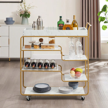 6-Tier Retro Style Bar Cart With Wine Rack And Glass Holder, Rolling Beverage Trolley For Kitchen And Living Room