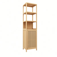 Bamboo Tall Slim Storage Cabinet With Shutter Door And 3 Tier Shelves For Living Room Kitchen And Bathroom Organization Natural