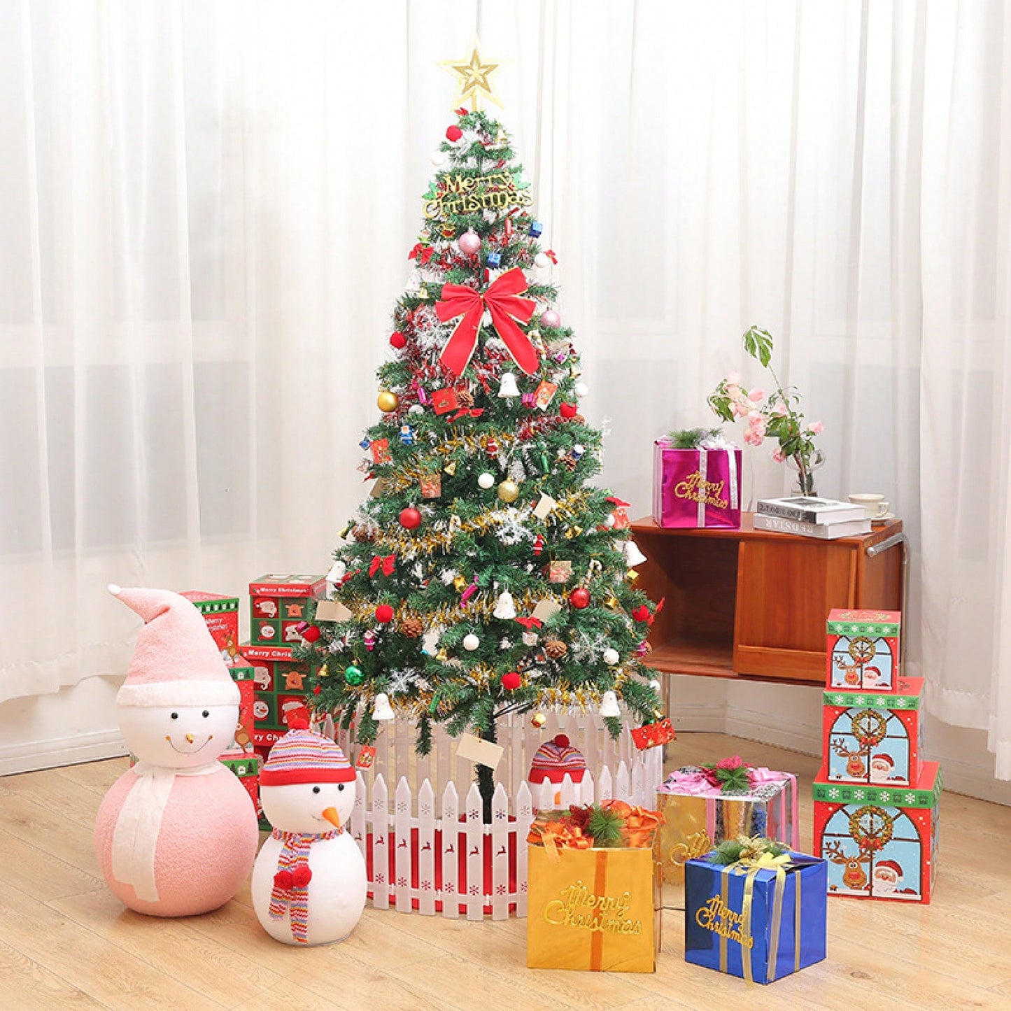 5ft Artificial Christmas Tree With Energy-Saving LED Lights And 109 Pendant Tree Skirts And Guardrails