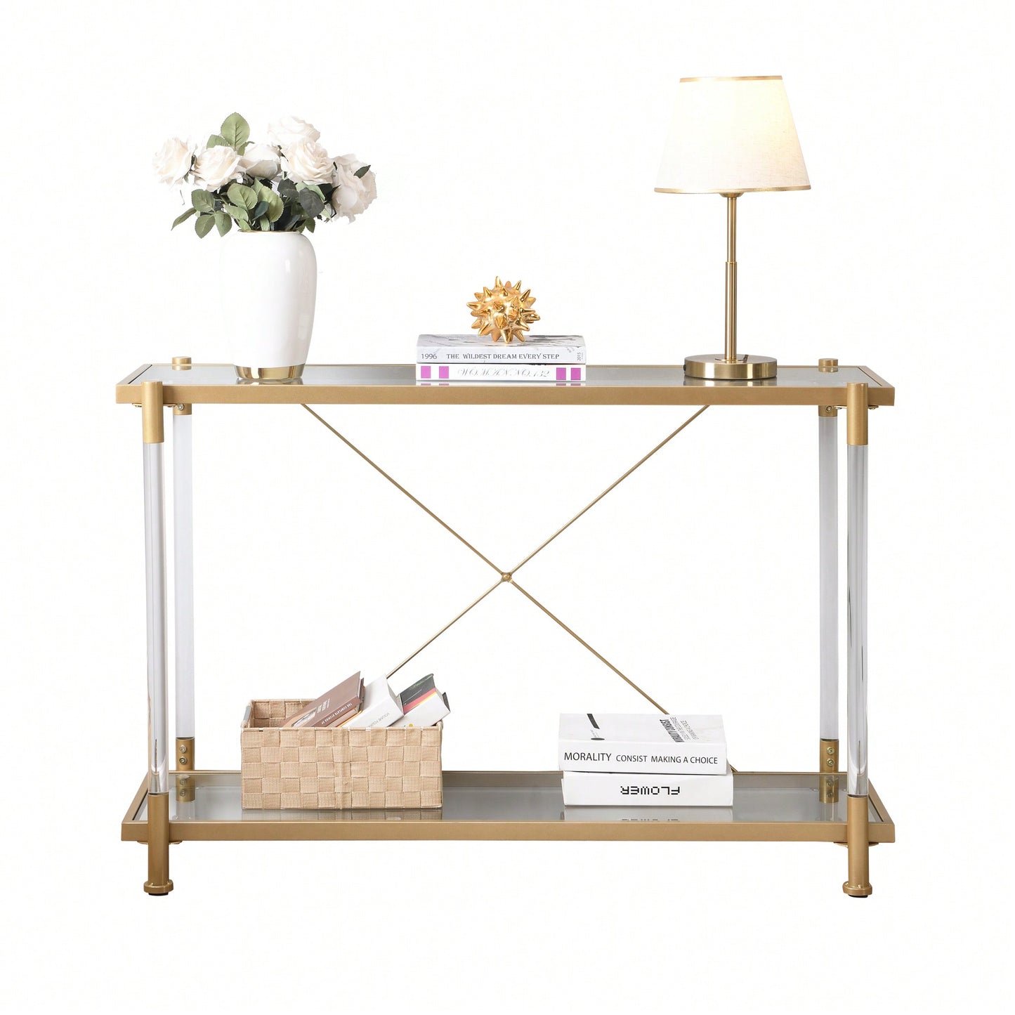 Elegant 43.31 Inch Golden Glass Console Table For Living Room And Bedroom - Stylish Acrylic Side Table