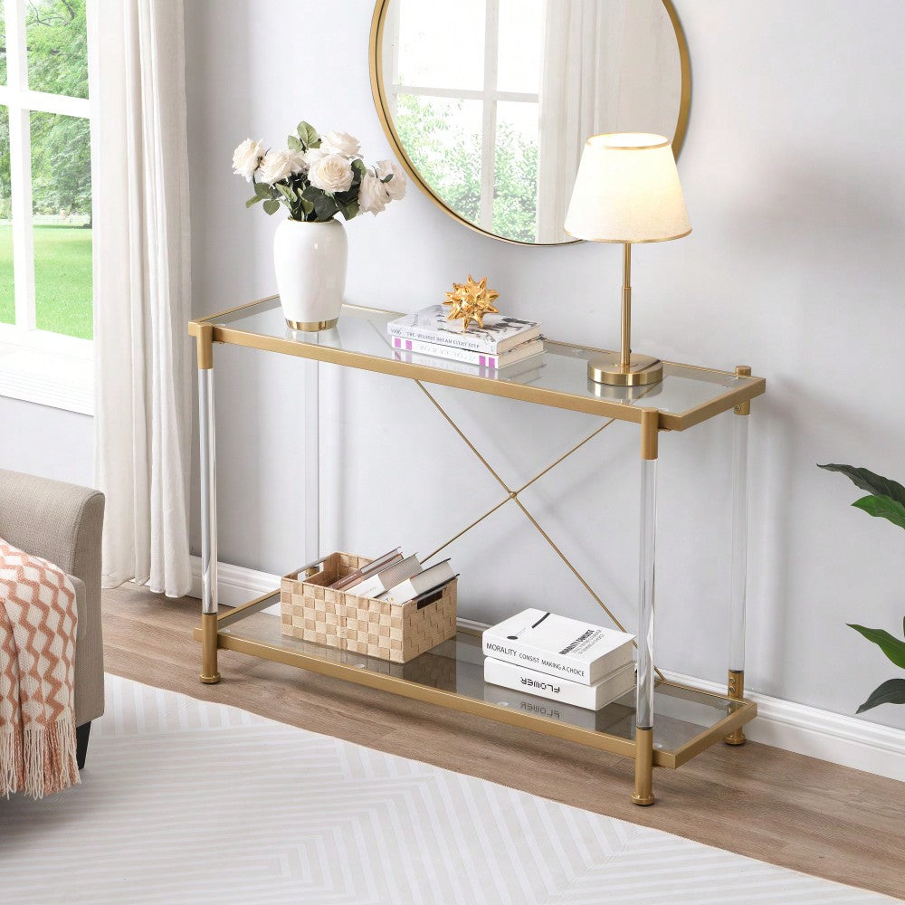 Elegant 43.31 Inch Golden Glass Console Table For Living Room And Bedroom - Stylish Acrylic Side Table