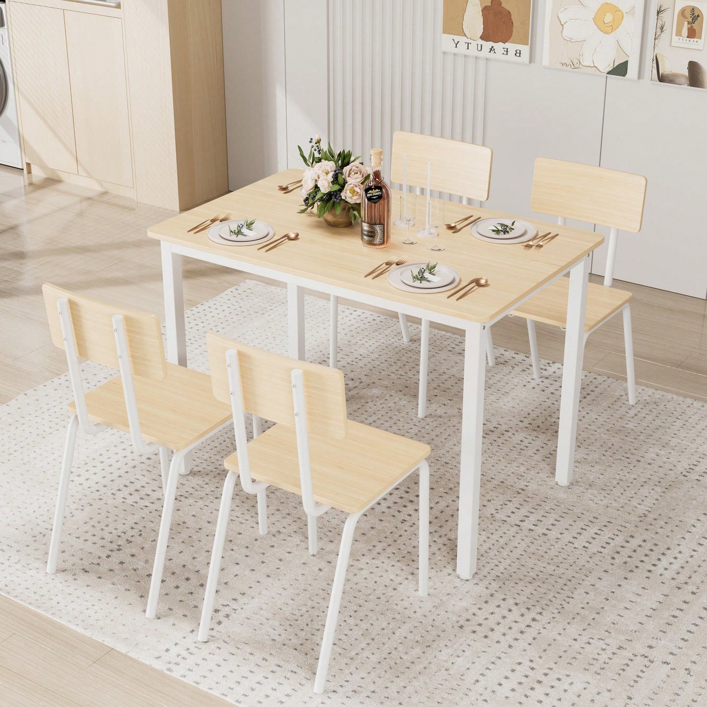 5-Piece Dining Table Set with 4 Chairs for Small Spaces 43 Inch Kitchen Table with Metal Frame and MDF Easy to Clean Dining Room Furniture