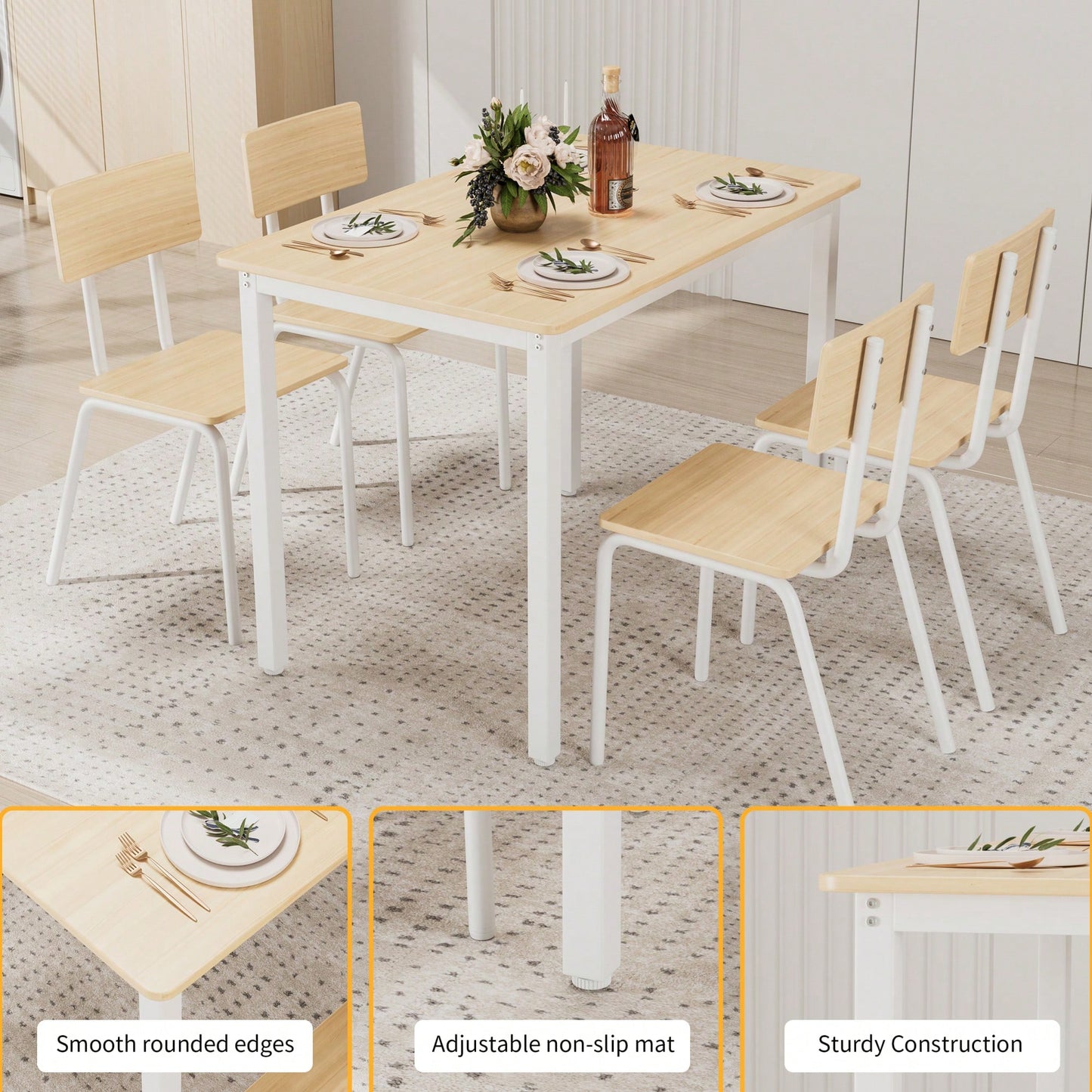 5-Piece Dining Table Set with 4 Chairs for Small Spaces 43 Inch Kitchen Table with Metal Frame and MDF Easy to Clean Dining Room Furniture