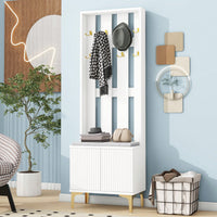 Modern Luxury 4-in-1 Hall Tree Entryway Bench with Cushion Adjustable Shelves Fluted Doors Coat Rack and 8 Gold Hooks Black