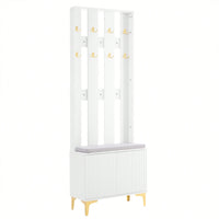 Modern Luxury 4-in-1 Hall Tree Entryway Bench with Cushion Adjustable Shelves Fluted Doors Coat Rack and 8 Gold Hooks Black