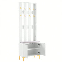 Modern Luxury 4-in-1 Hall Tree Entryway Bench with Cushion Adjustable Shelves Fluted Doors Coat Rack and 8 Gold Hooks Black