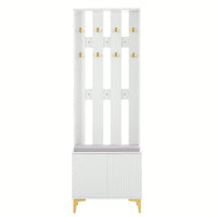 Modern Luxury 4-in-1 Hall Tree Entryway Bench with Cushion Adjustable Shelves Fluted Doors Coat Rack and 8 Gold Hooks Black