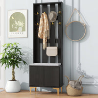 Modern Luxury 4-in-1 Hall Tree Entryway Bench with Cushion Adjustable Shelves Fluted Doors Coat Rack and 8 Gold Hooks Black