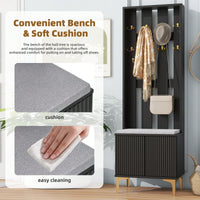 Modern Luxury 4-in-1 Hall Tree Entryway Bench with Cushion Adjustable Shelves Fluted Doors Coat Rack and 8 Gold Hooks Black