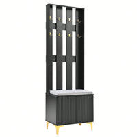 Modern Luxury 4-in-1 Hall Tree Entryway Bench with Cushion Adjustable Shelves Fluted Doors Coat Rack and 8 Gold Hooks Black