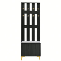 Modern Luxury 4-in-1 Hall Tree Entryway Bench with Cushion Adjustable Shelves Fluted Doors Coat Rack and 8 Gold Hooks Black