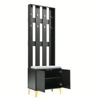 Modern Luxury 4-in-1 Hall Tree Entryway Bench with Cushion Adjustable Shelves Fluted Doors Coat Rack and 8 Gold Hooks Black