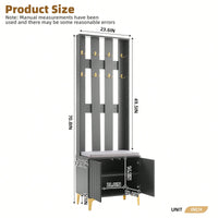 Modern Luxury 4-in-1 Hall Tree Entryway Bench with Cushion Adjustable Shelves Fluted Doors Coat Rack and 8 Gold Hooks Black