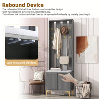 Modern Luxury 4-in-1 Hall Tree Entryway Bench with Cushion Adjustable Shelves Fluted Doors Coat Rack and 8 Gold Hooks Black