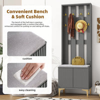 Modern Luxury 4-in-1 Hall Tree Entryway Bench with Cushion Adjustable Shelves Fluted Doors Coat Rack and 8 Gold Hooks Black
