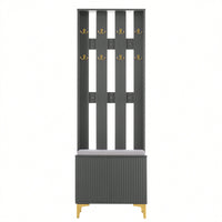 Modern Luxury 4-in-1 Hall Tree Entryway Bench with Cushion Adjustable Shelves Fluted Doors Coat Rack and 8 Gold Hooks Black