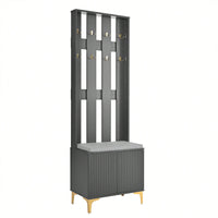 Modern Luxury 4-in-1 Hall Tree Entryway Bench with Cushion Adjustable Shelves Fluted Doors Coat Rack and 8 Gold Hooks Black