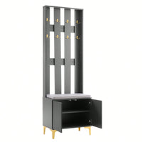 Modern Luxury 4-in-1 Hall Tree Entryway Bench with Cushion Adjustable Shelves Fluted Doors Coat Rack and 8 Gold Hooks Black