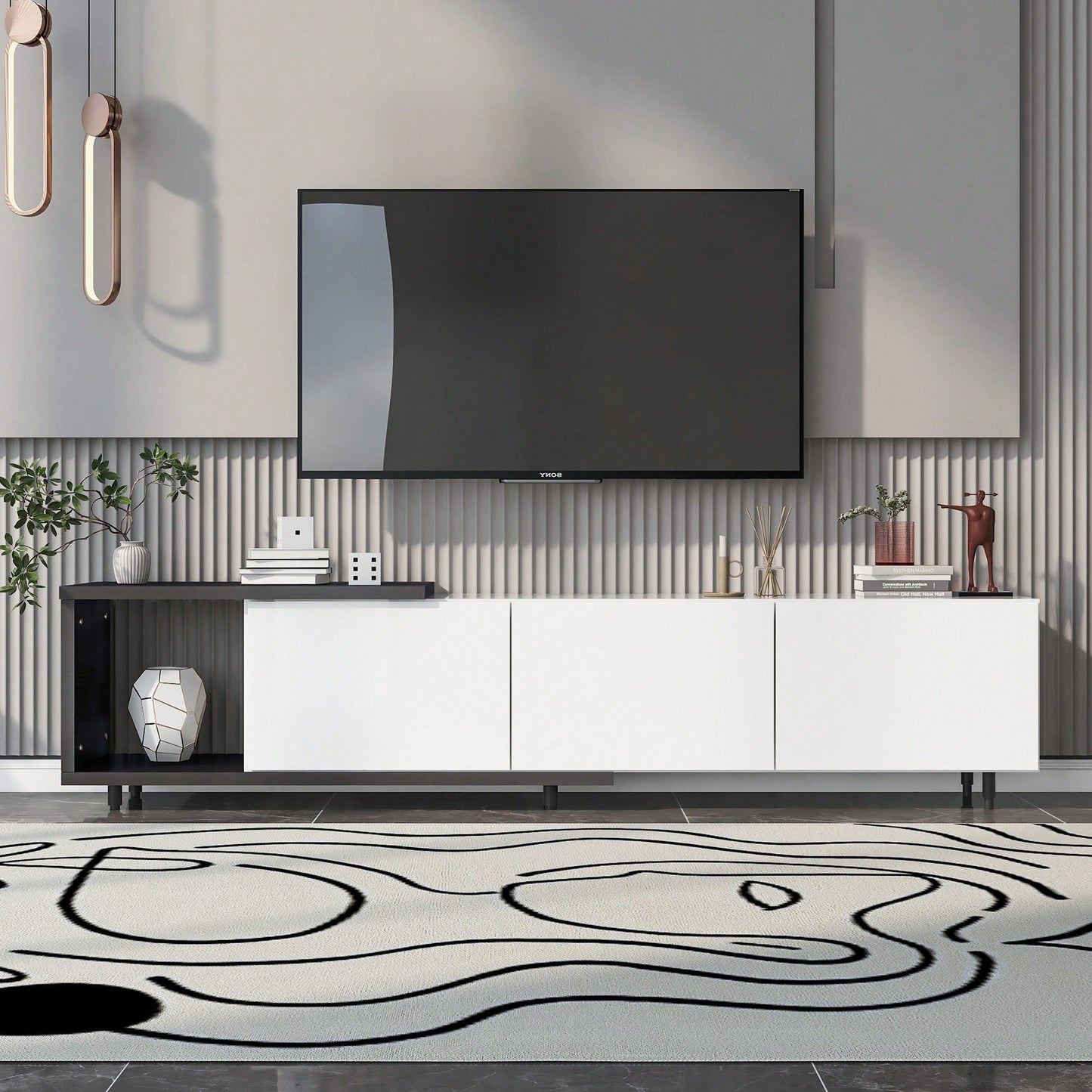 Modern Extendable TV Stand For 80 Inch And Larger TVs Stylish Black And White Design