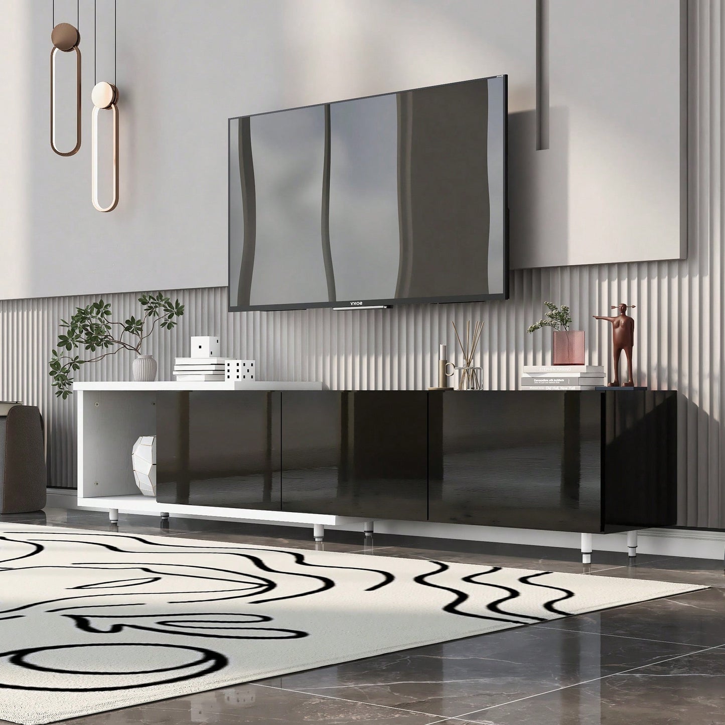 Modern Extendable TV Stand For 80 Inch And Larger TVs Stylish Black And White Design