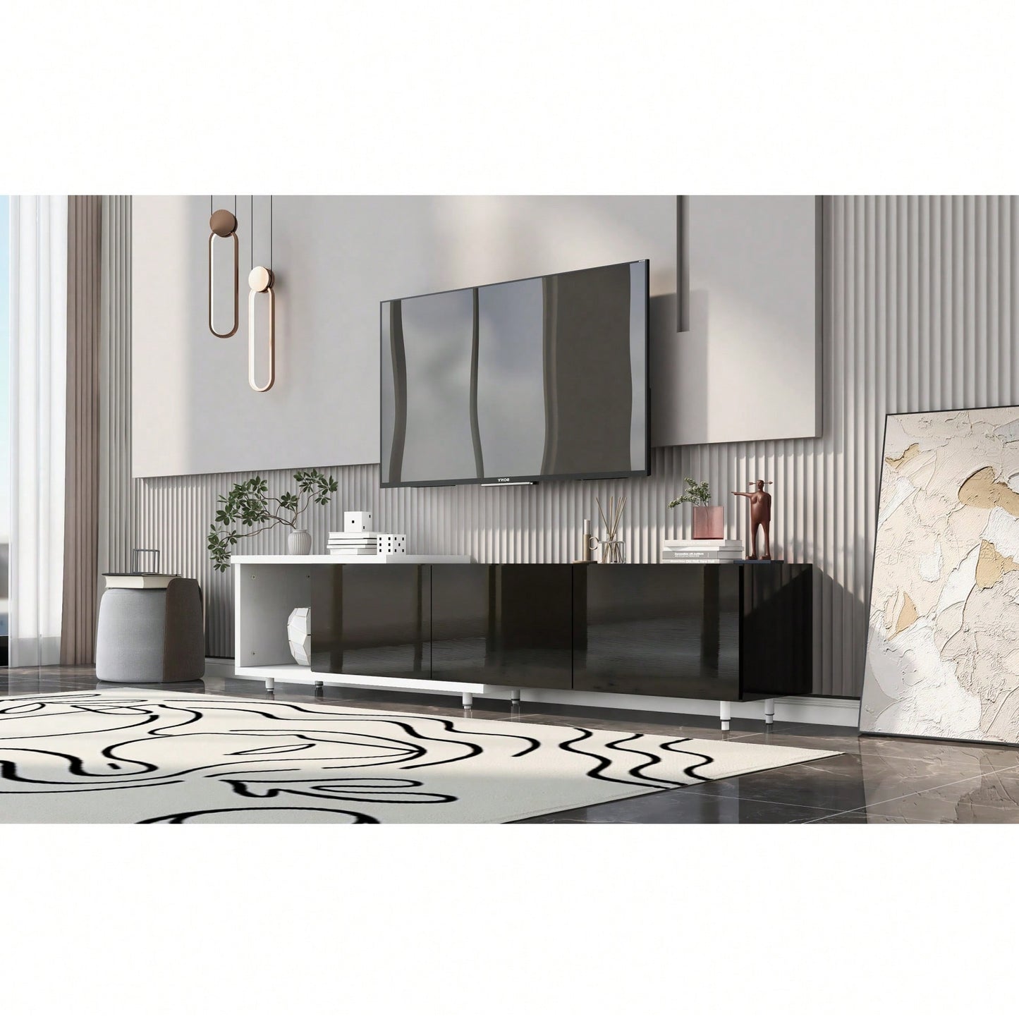 Modern Extendable TV Stand For 80 Inch And Larger TVs Stylish Black And White Design