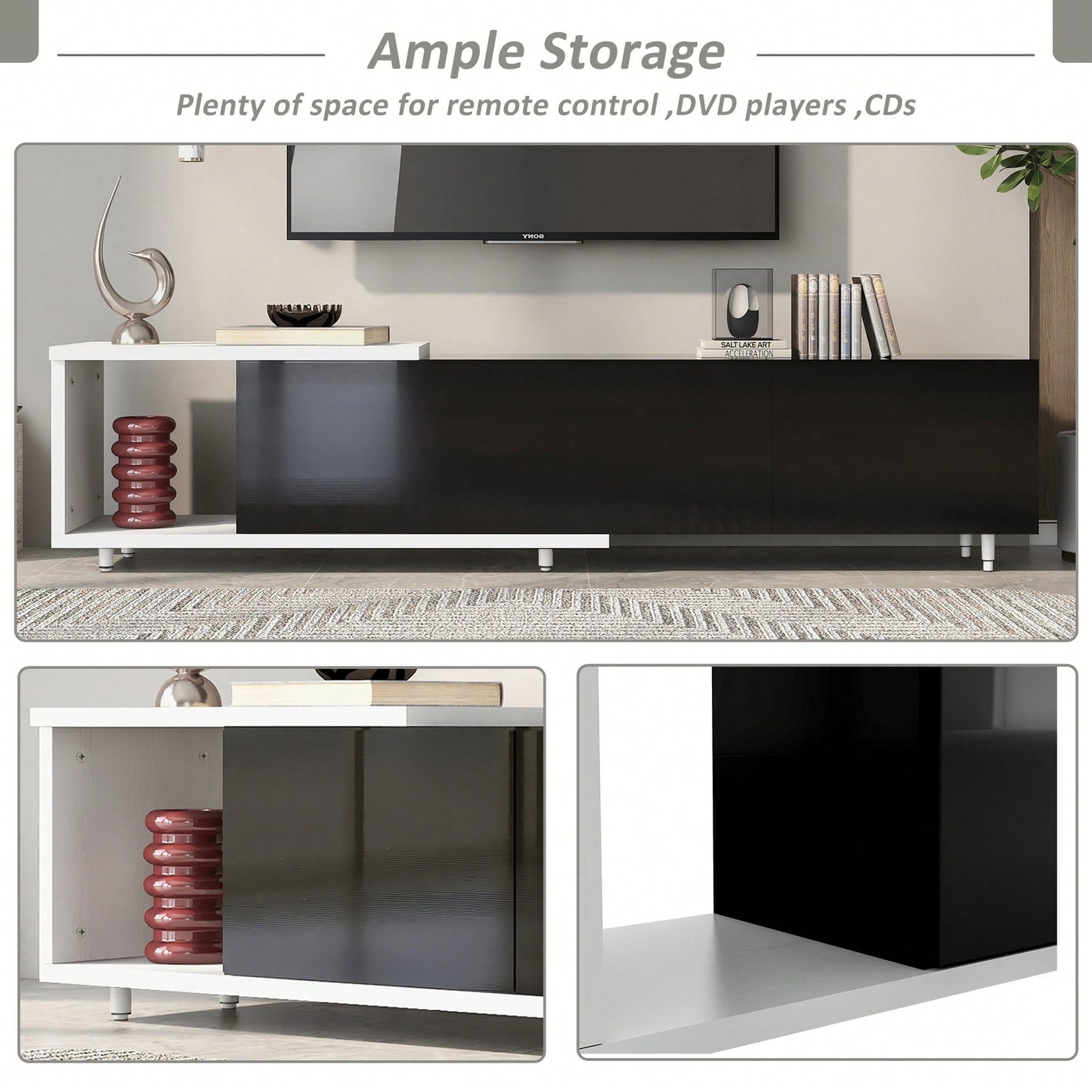 Modern Extendable TV Stand For 80 Inch And Larger TVs Stylish Black And White Design