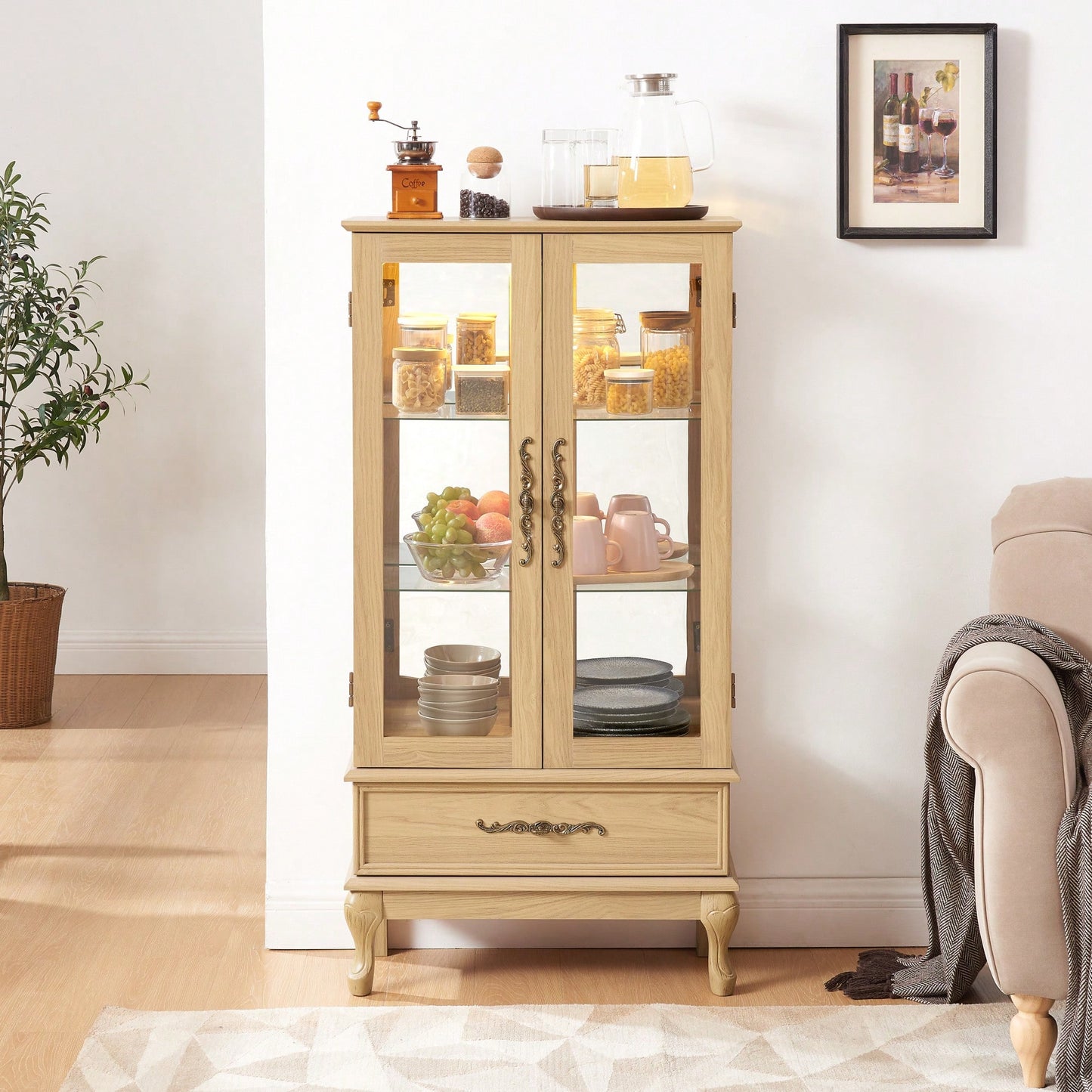 Lighted Glass Display Cabinet With Adjustable Shelves Dark Cherry Wine Storage Sideboard With 2 Doors And 1 Drawer