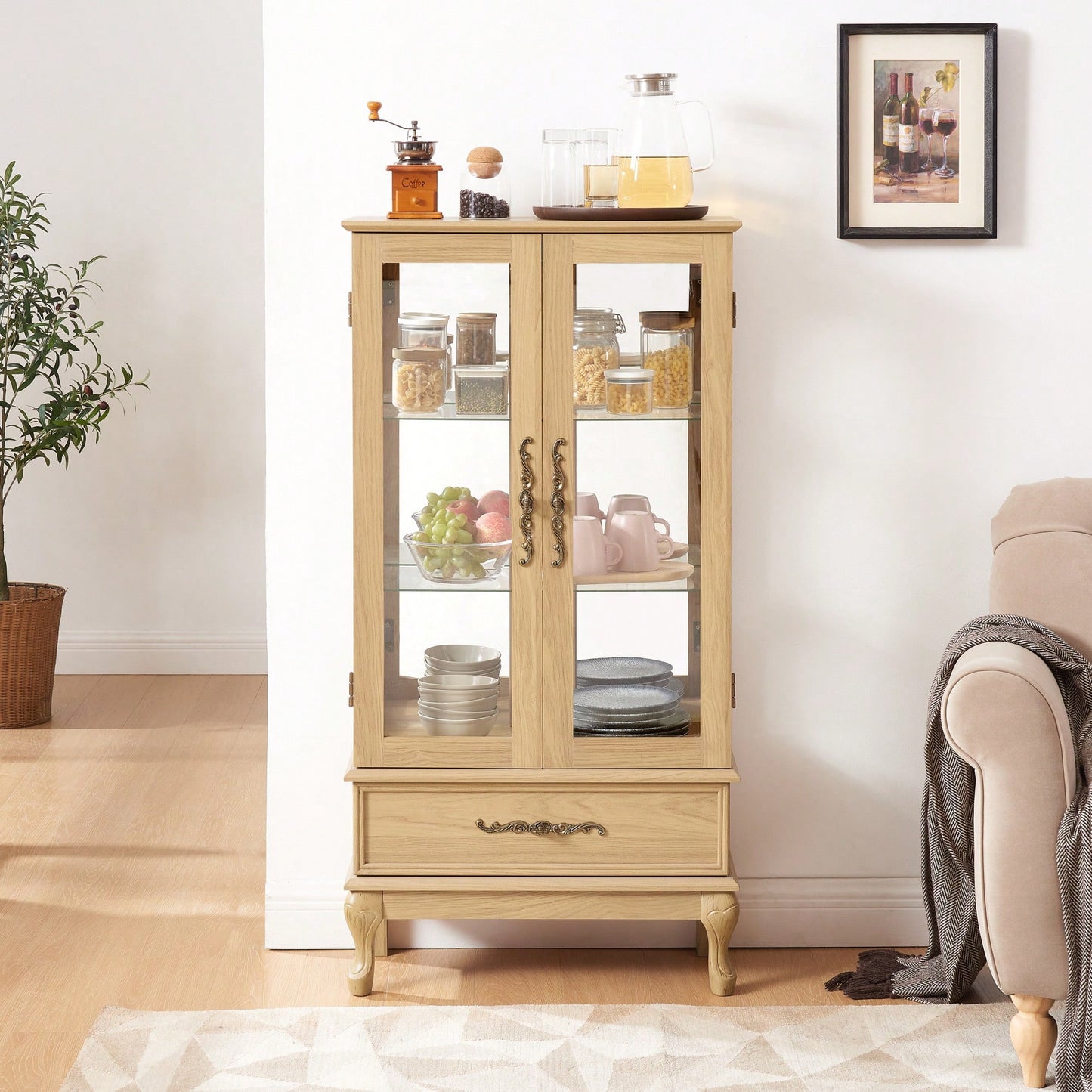 Lighted Glass Display Cabinet With Adjustable Shelves Dark Cherry Wine Storage Sideboard With 2 Doors And 1 Drawer