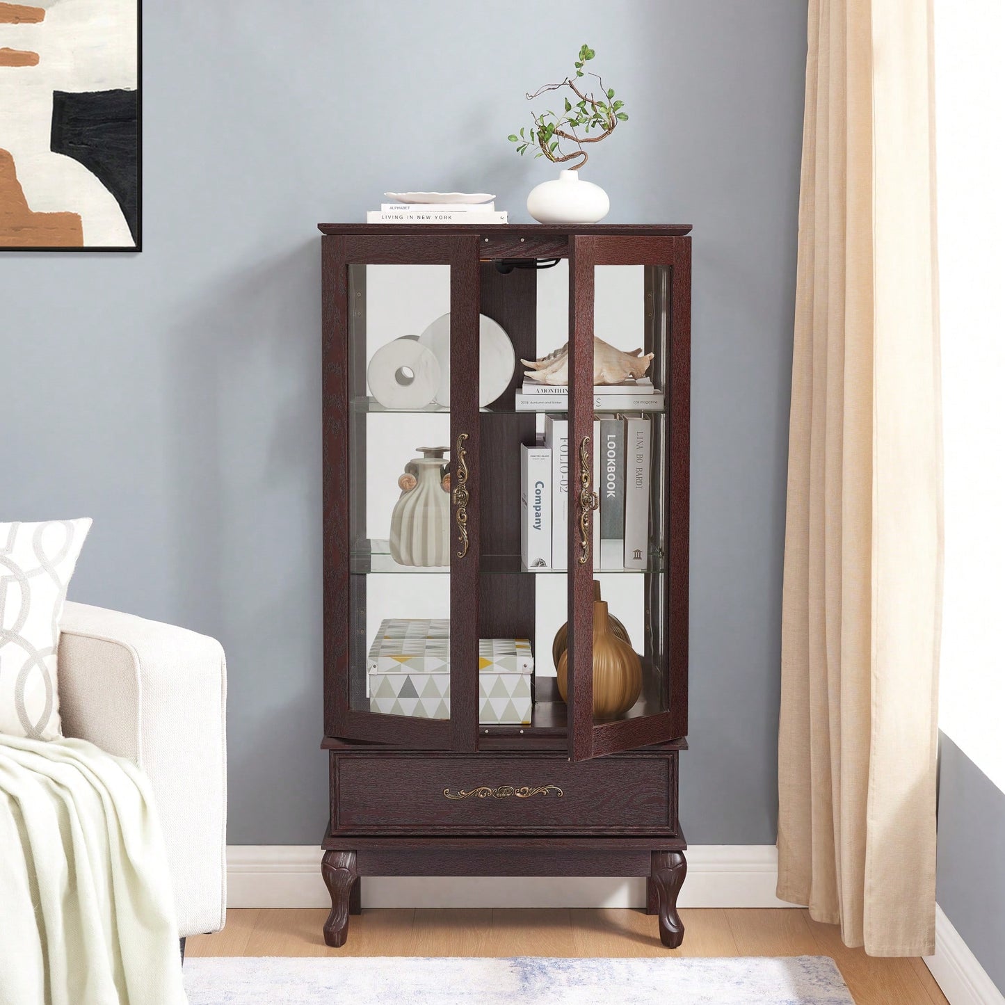 Lighted Glass Display Cabinet With Adjustable Shelves Dark Cherry Wine Storage Sideboard With 2 Doors And 1 Drawer