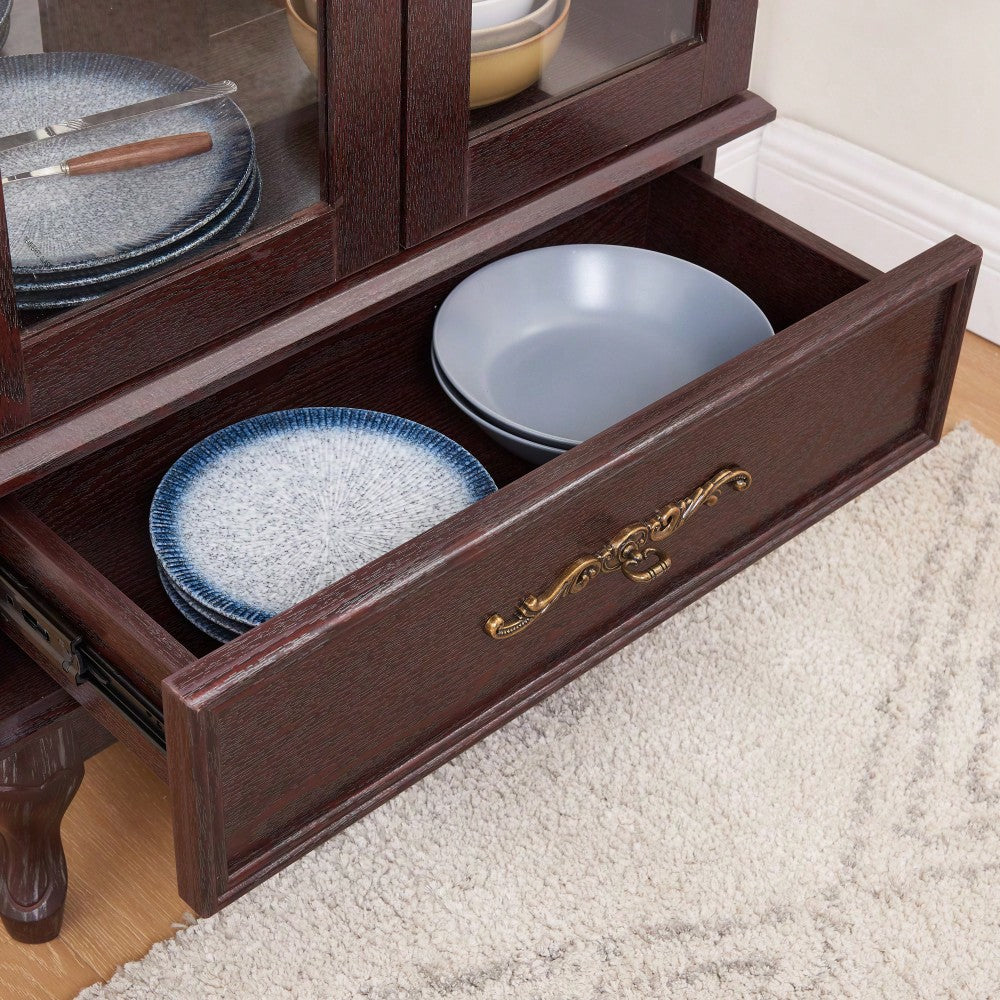 Lighted Glass Display Cabinet With Adjustable Shelves Dark Cherry Wine Storage Sideboard With 2 Doors And 1 Drawer