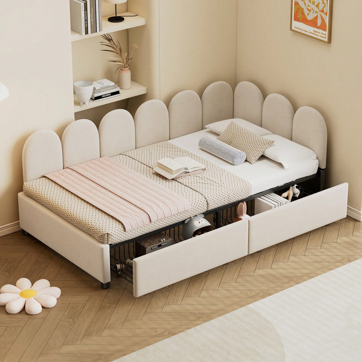 Velvet Twin Size Upholstered Daybed With 2 Storage Drawers And Soft Fabric Headboard No Box Spring Required Beige