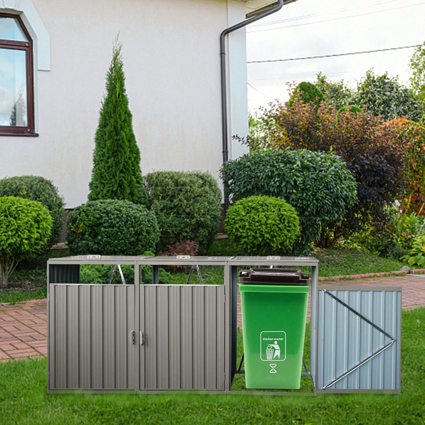 Outdoor Metal Garbage Bin Shed For 3 Trash Cans - Galvanized Steel Storage Solution For Garden And Lawn - Grey