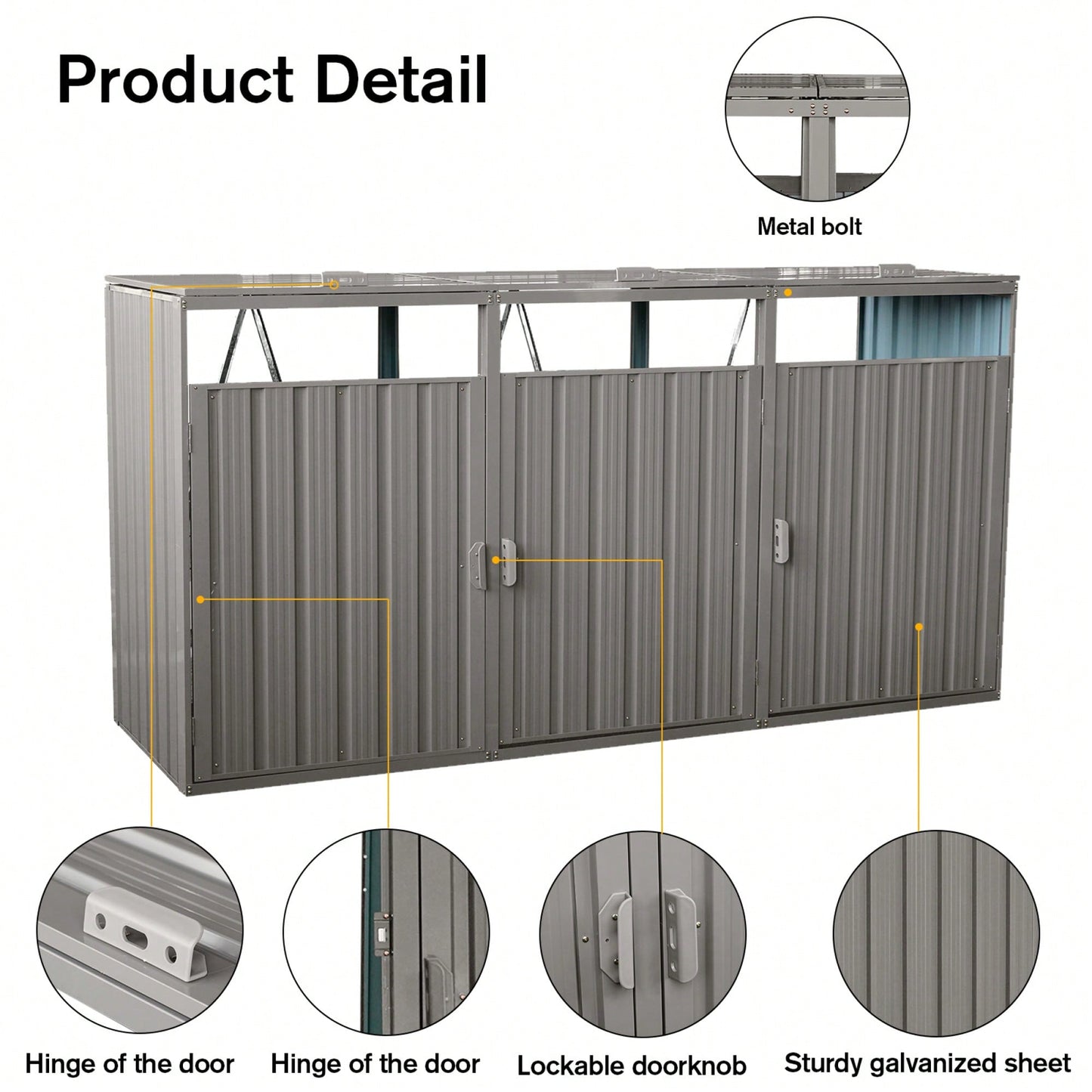 Outdoor Metal Garbage Bin Shed For 3 Trash Cans - Galvanized Steel Storage Solution For Garden And Lawn - Grey