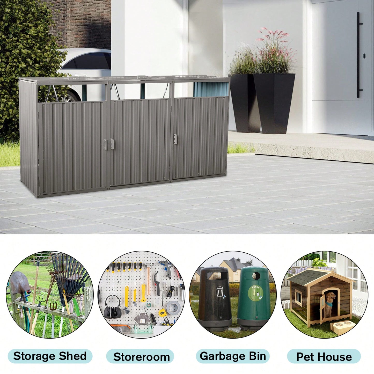 Outdoor Metal Garbage Bin Shed For 3 Trash Cans - Galvanized Steel Storage Solution For Garden And Lawn - Grey