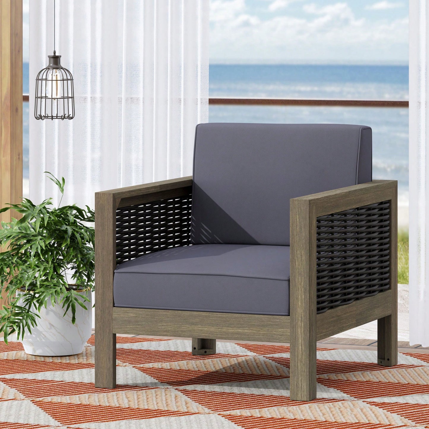 Outdoor Acacia Wood Club Chair With Wicker Accents In Gray Mixed Gray And Brown