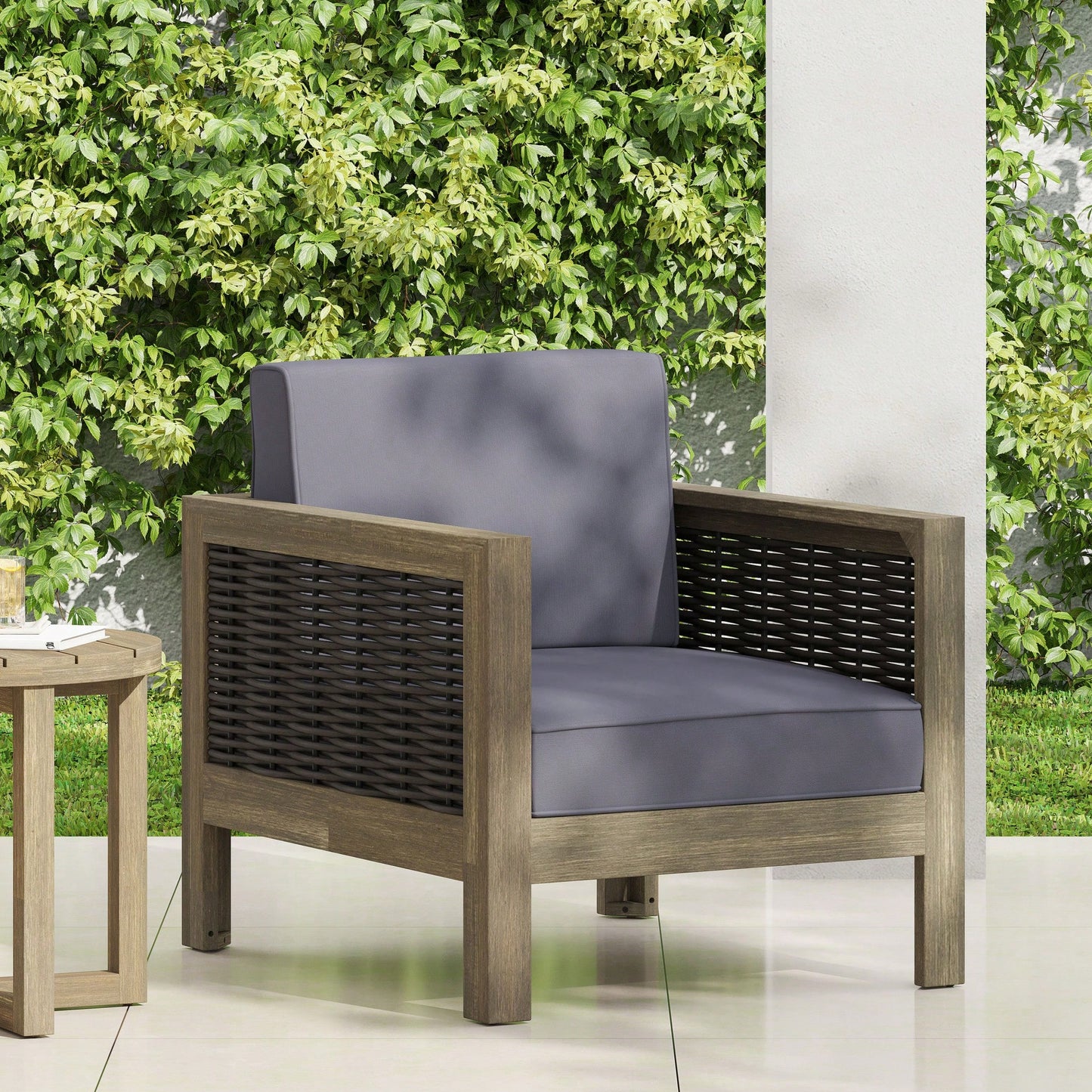 Outdoor Acacia Wood Club Chair With Wicker Accents In Gray Mixed Gray And Brown