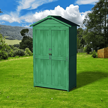 Outdoor Wooden Storage Shed With Waterproof Roof Double Doors And Multi-Tier Shelves Forest Green